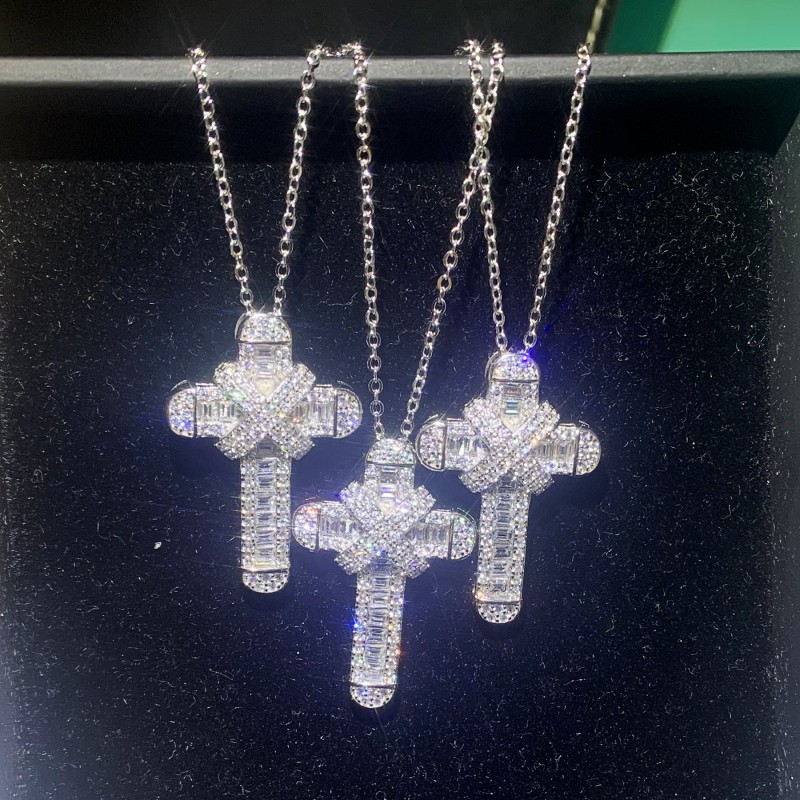 Sterling Sier Cross Pendant Necklace for Women - Cubic Zirconia, White, 45CM+5CM Chain, Elegant Clavicle Chain Free shipping