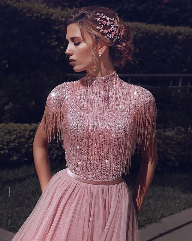 Modest New Arrival Evening Dresses High Short Long Sleeve Beading Sequins Formal Dresses Zipper Floor Length Party Gowns