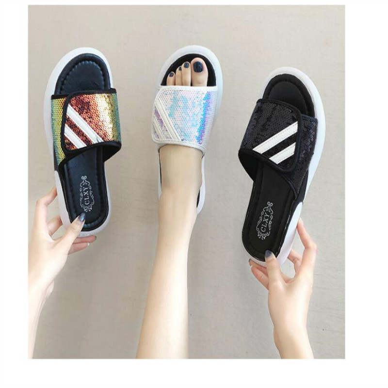 Sandals and slippers female summer wear 2019 new wild Pink sequins slippers female students casual beach shoes, Blue
Sandals and slippers female summer wear 2019 new wild Pink sequins slippers female students casual beach shoes, Blue