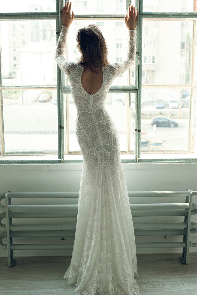 Ersa Atelier Mermaid Dresses High Neck Lace Hollow Back or Length Beach Wedding Dress Custom Pearls Long Sleeve Bridal Gowns