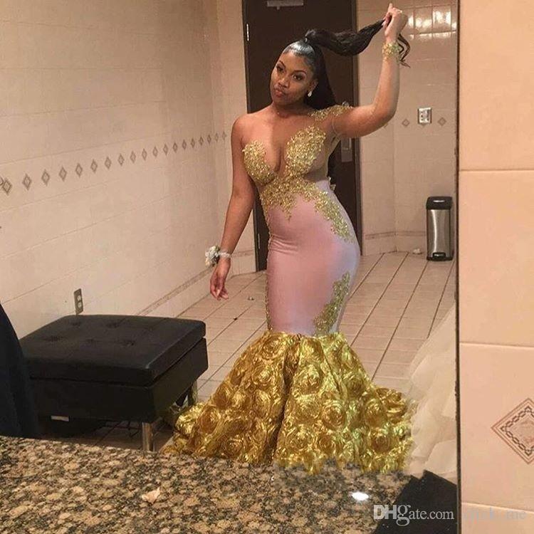 Gorgeous Long Sleeves Evening Dresses One Shoulder Gold Lace Appliques Mermaid Prom Dress With Flower Bottom Long Party Gowns African Wear