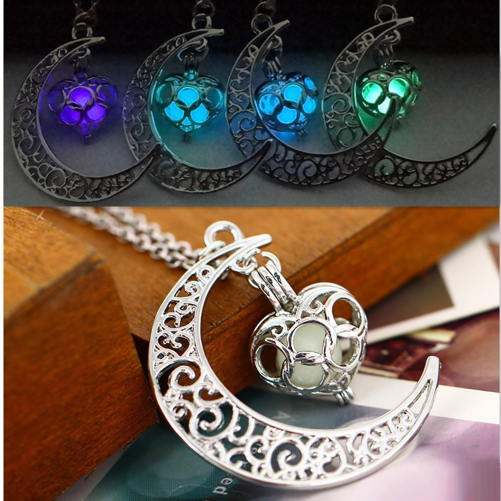 New Glow in The Dark Heart Moon Necklaces For Women Men Hollow crescent shape Luminous beads Pendant chains Fashion Jewelry