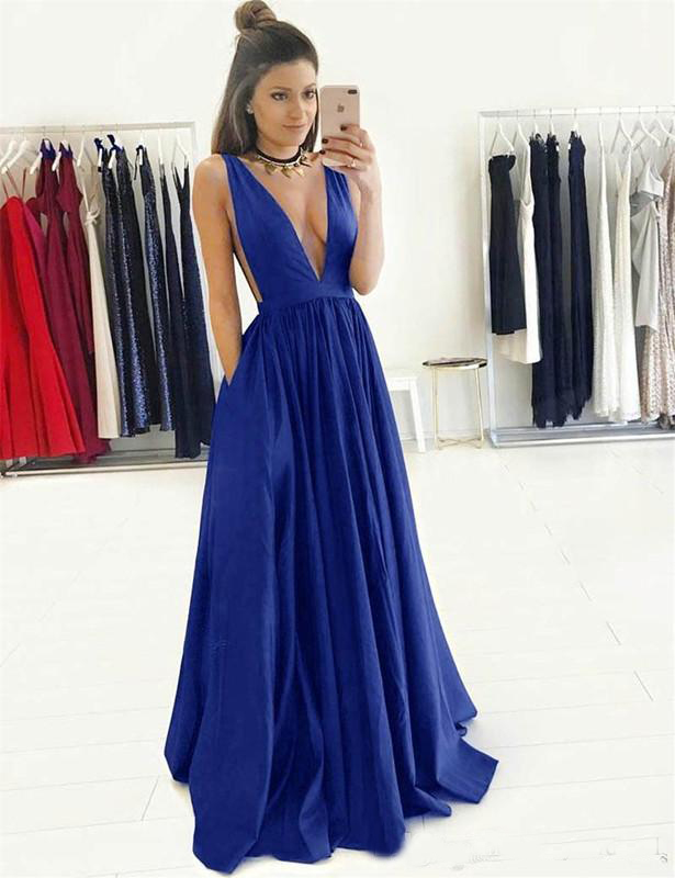 Royal Blue Taffeta Prom Dress with Ruched Bodice Evening Dress with Pocket Open Back Formal Dress A-Line Deep V-Neck Sweep Train