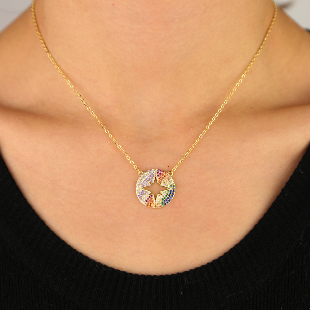 Gold plated high quality micro pave cz north star engraved rainbow colorful zirconia fashion women necklace