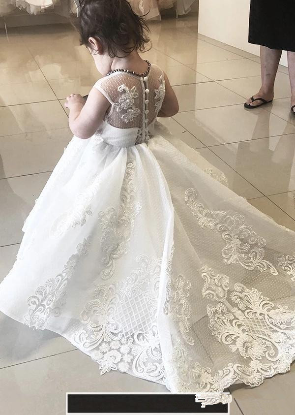 Lovely White Flower Girl Dresses for Weddings Jewel Neck Lace Buttons Back Children Birthday Party Pageant Gowns
