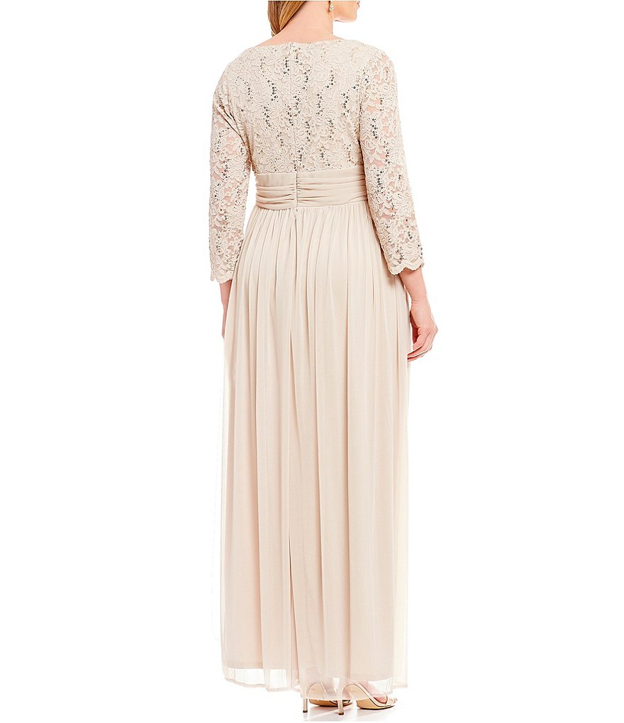 Plus Size Mother Of The Bride Dresses V Neck Long Sleeves Floor Length Lace Sequins Chiffon Wedding Guest Dress For Mom Evening Gowns