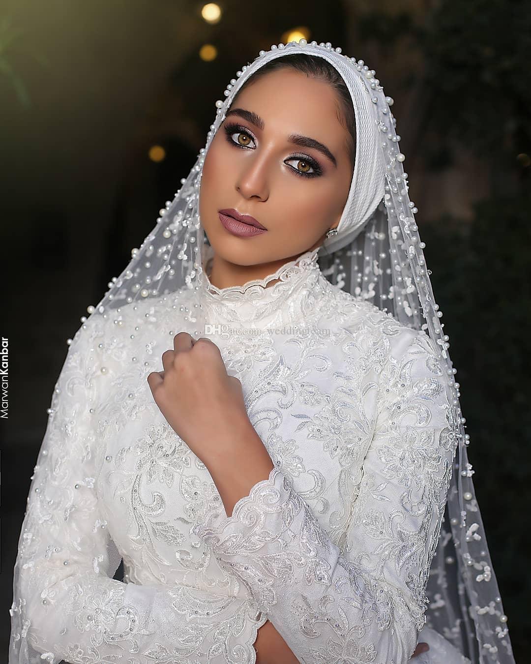 elegant overskirt lace muslim wedding dresses pearls high neck appliqued long sleeves bridal gowns a line white wedding dress