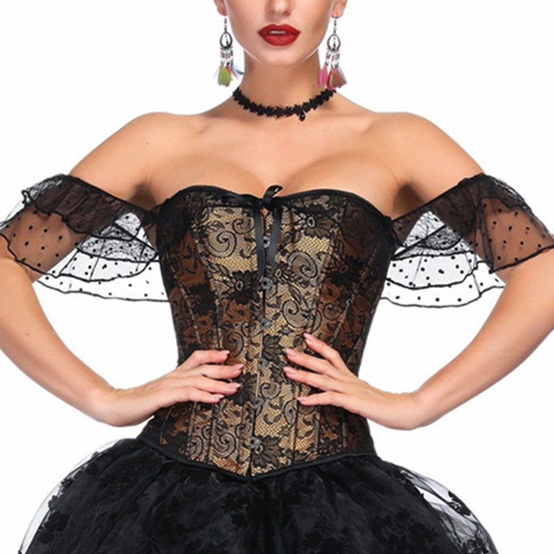 Women Push up Bra Overbust Corset Top with Dots Lace Mesh Sleeves and Black Lace Overlay Details Everyday Outwear Fashion Lace-up Shapewear