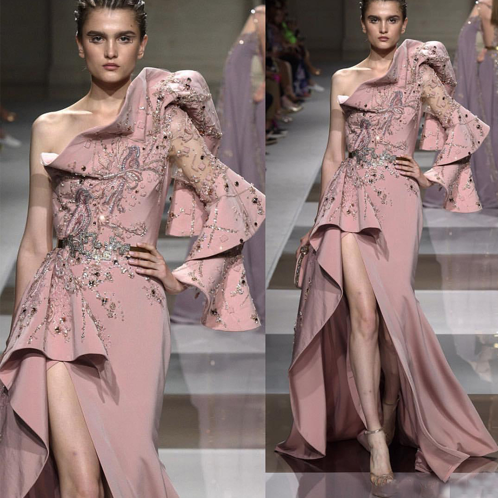 aline evening dresses oneshoulder ruffle tiered sequins crystal formal party gown sweep train custom made evening gown