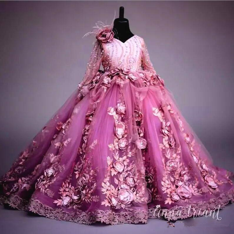 Luxury 3D Handmade Flowers Girls Dresses Ball Gown V Neck Feather Beads Puffy Kids Pageant Dress Princess First Communion Gowns