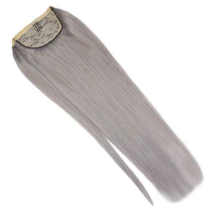 Gray Pony tail 14 inch Clip in Human Hair Grey Pony tail hairpiece Remy Hair Wrap Around straight wavy Ponytail Hair extension 100g