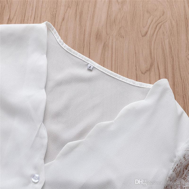 2020 Women Solid Black White Chiffon Blouses Wave V Neck Button Short Lace Sleeve Casual Blouse Woman Ladies Holiday Top Shirt Blouse