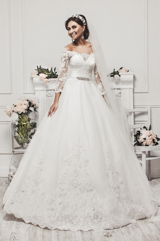 Fashion Off The Shoulder Dresses Long Illusion Sleeves Bling Sequin Beaded Wedding Dress Bridal Gowns Plus Size Cheap M33 0510