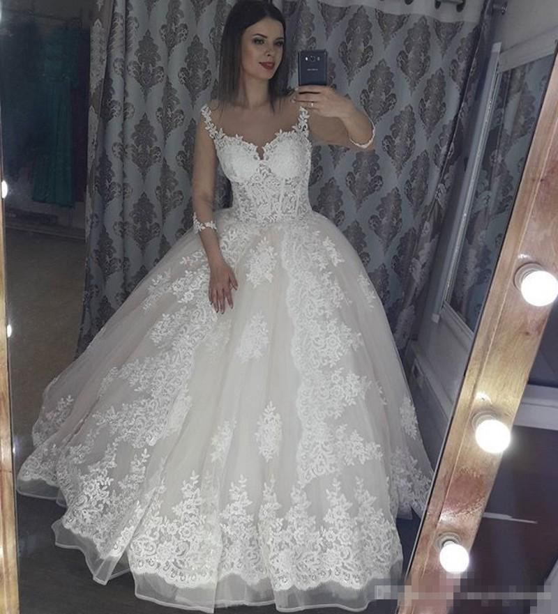 Lace Applique Ball Gown Dresses With Straps Organza Sweep Train Custom Made Plus Size Wedding Bridal Gowns