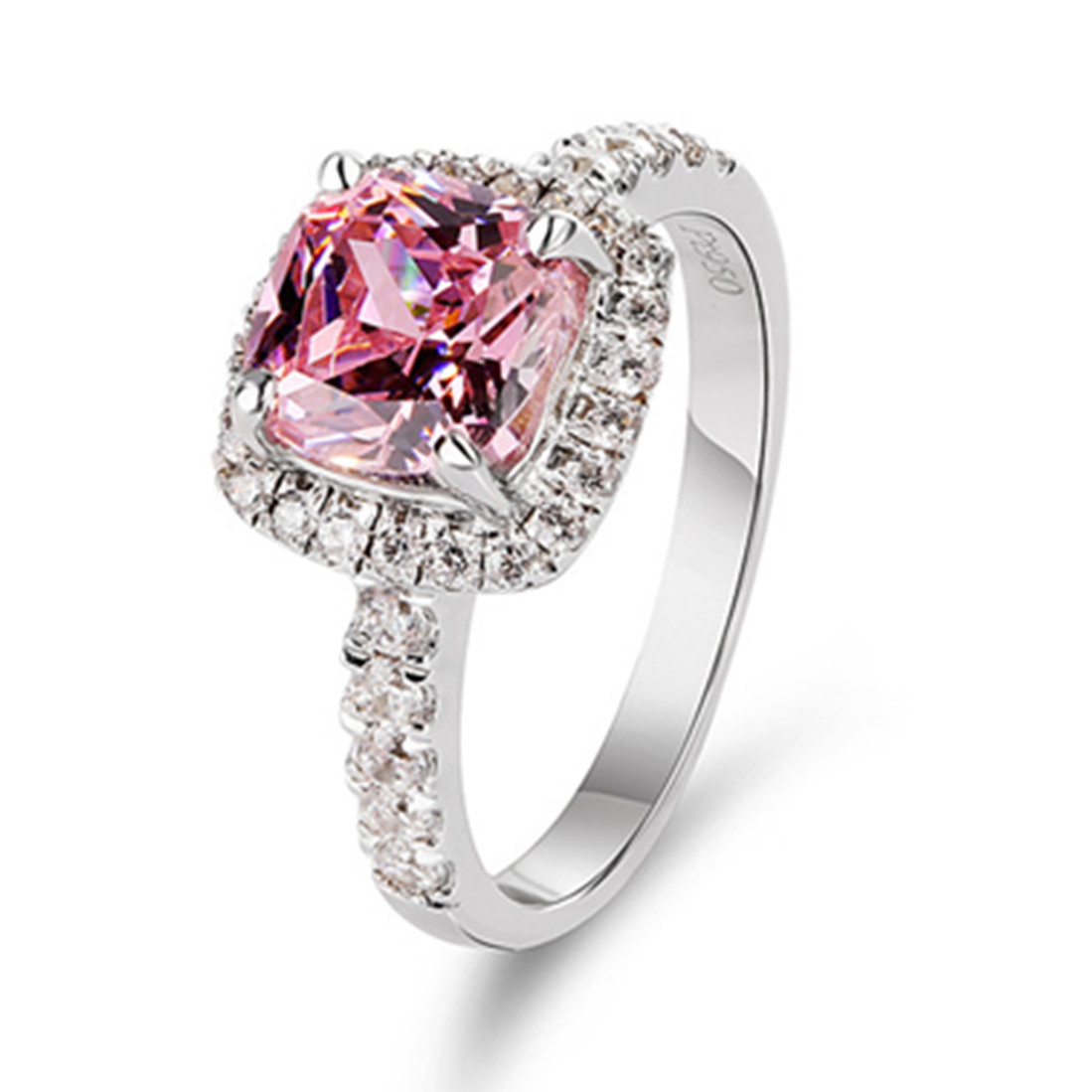18K White Gold Plated NSCD Cushion Diamond Ring Engagement Jewelry for Women Sterling Silver Luxury Ring Splendid Female Halo Style with Box