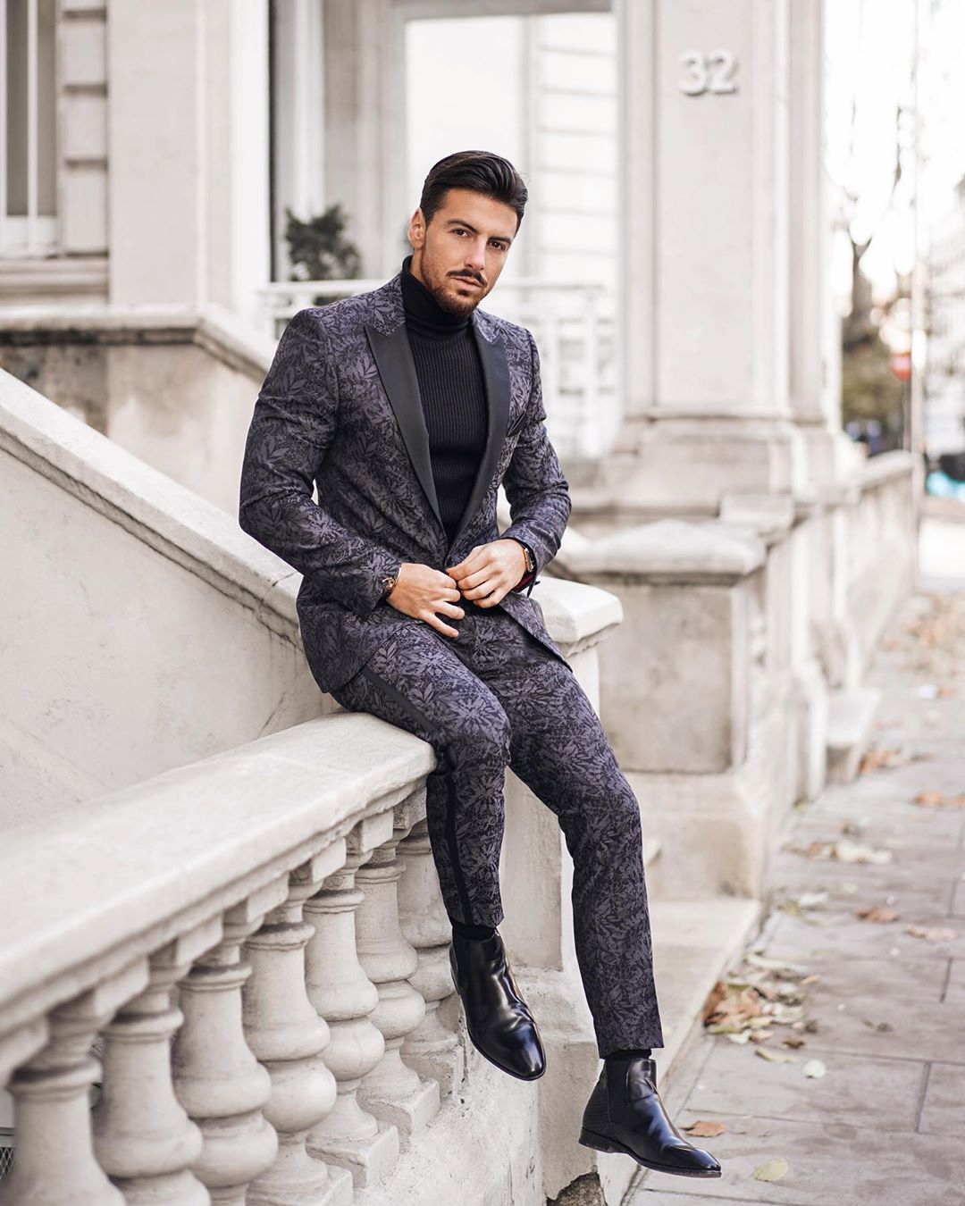 2 Pieces Floral Pattern Mens Wedding Suits Peaked Lapel Groom Formal Wear Prom Tuxedos Best Man Blazer Suit (Jacket+Pants)
