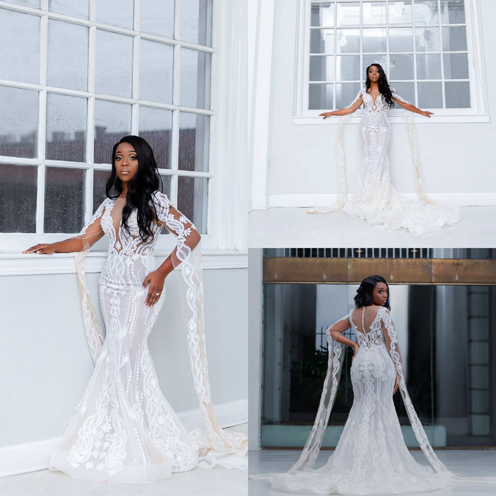 Modern Mermaid Wedding Dresses Long Sleeves vestido de noiva Lace Appliques Beads Slim Button Back Sweep Train Formal Bridal Gowns, White
Modern Mermaid Wedding Dresses Long Sleeves vestido de noiva Lace Appliques Beads Slim Button Back Sweep Train Formal Bridal Gowns, White