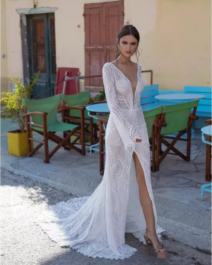 lian rokman front split mermaid wedding dresses sexy deep v neck lace appliqued beach bridal gowns long sleeve backless robe de marie