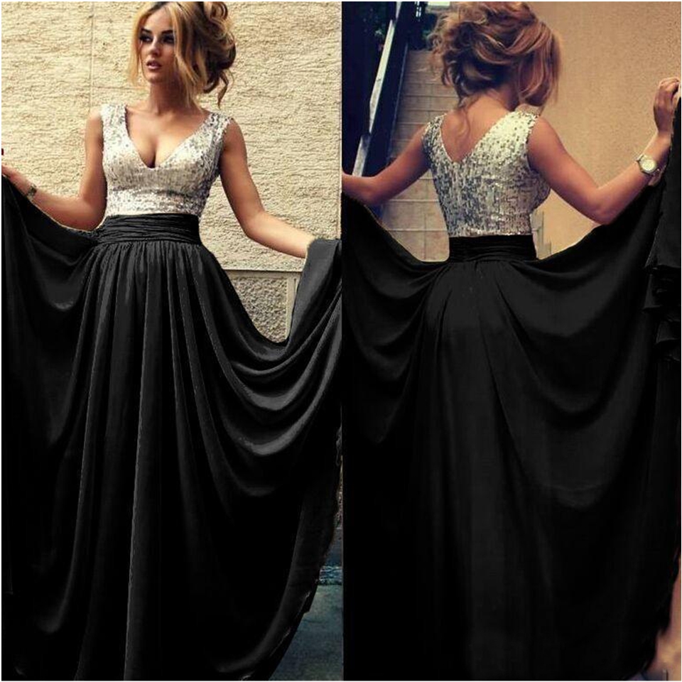 Summer Cheap Evening Dresses V Neck A line Chiffon Sequins Long Prom Dress Burgundy Black Party Gowns