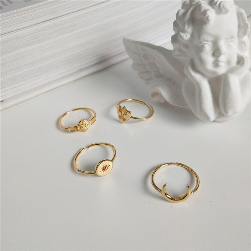 New 925 Sterling Silver Open Rings Letter Baby Moon Star Shield Type Adjustable Statement Ring Simple Fine Jewelry