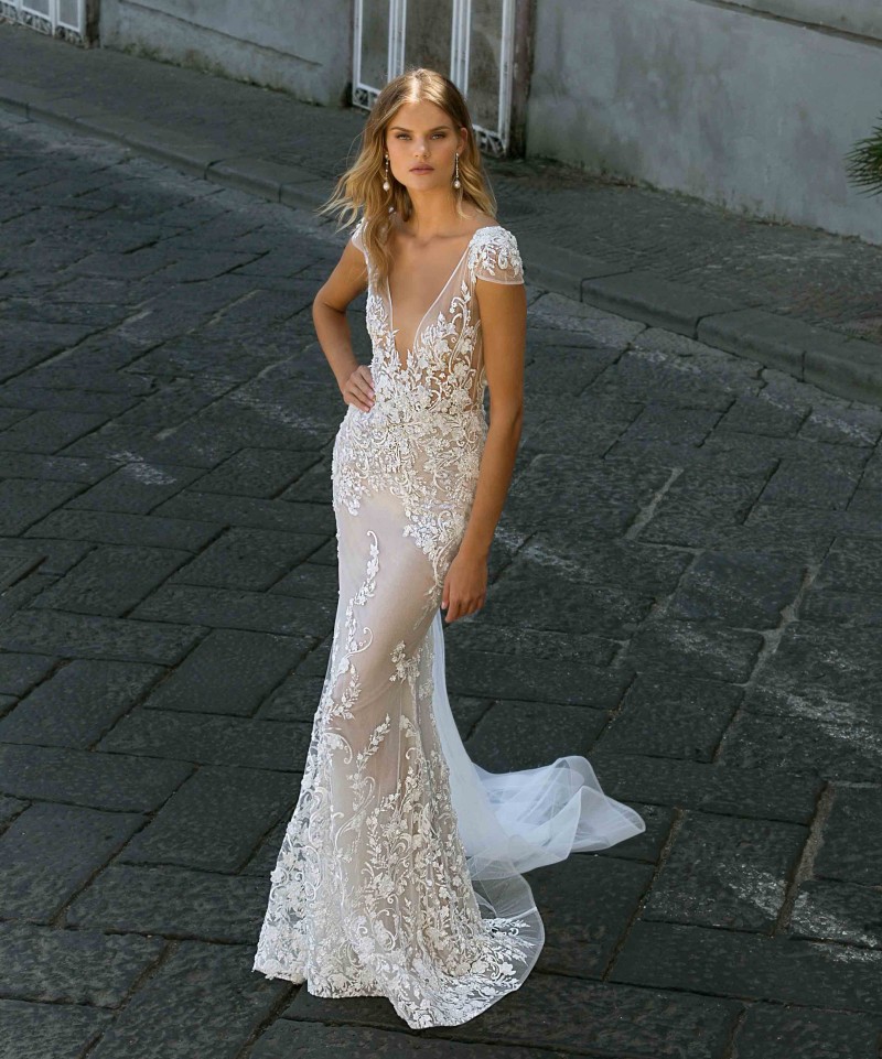 Mermaid Berta Lace Wedding Dresses With Detachable Train Deep V Neck D Appliqued Bridal Gowns Beaded Plus Size Tulle Robes De Mari E