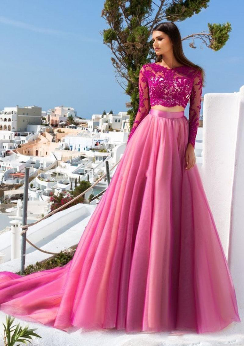 Charming Two Pieces Colorful Wedding Dresses A Line Sheer Long Sleeve Lace Appliqued Sexy Cheap Fuchsia Wedding Gowns Tulle Bridal Gowns