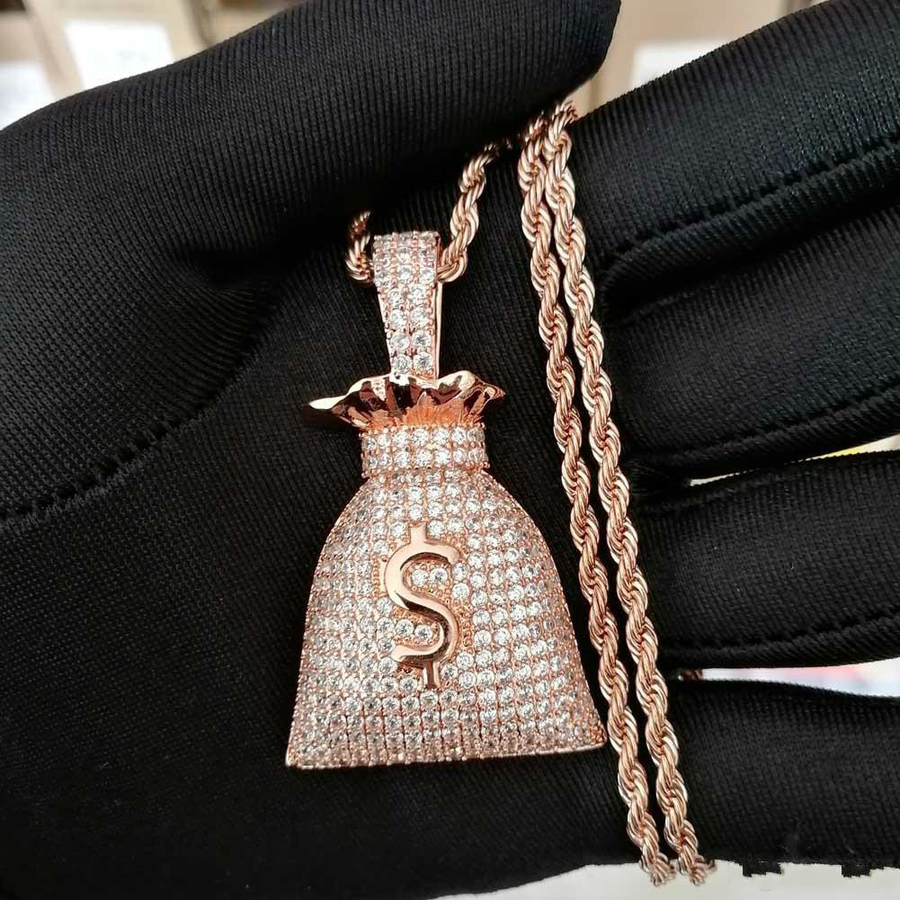Hot 14K Gold Plated Dollar Sign Money Bags Pendant Necklace Micro Paved Zircon Bling Hip Hop Jewelry Gift