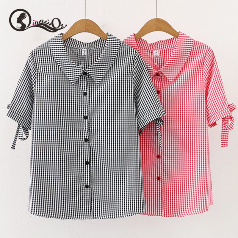 Women Blouse Sweet Vintage plaid Print Lapel Shirt Plus Size Loose Single-breasted Bow Short Sleeve Casual Blouse Tops
Women Blouse Sweet Vintage plaid Print Lapel Shirt Plus Size Loose Single-breasted Bow Short Sleeve Casual Blouse Tops