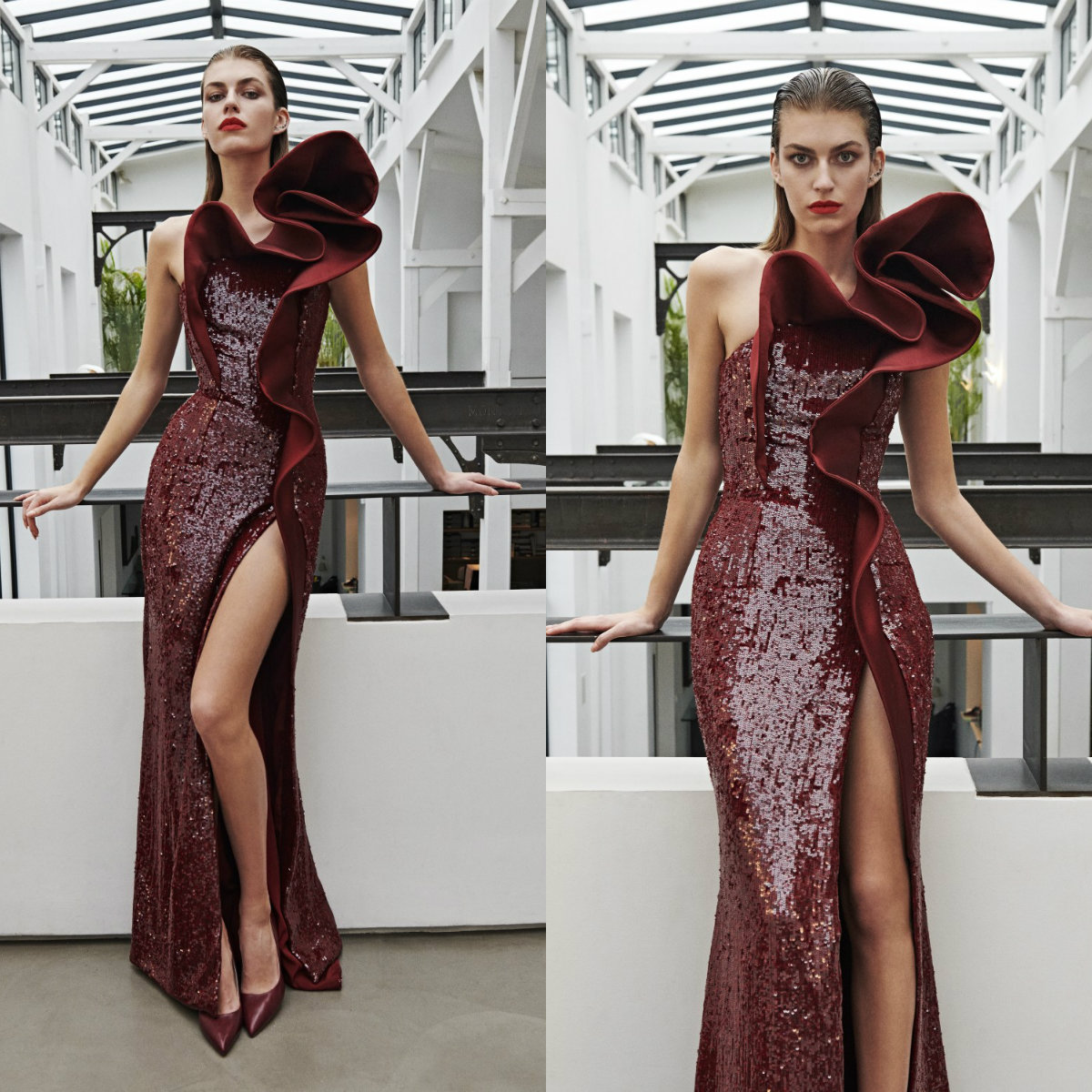2020 Azzi & Osta Burgundy Prom Dresses Sequined Floor Length High Side Split Evening Dress Custom Made Formal Cocktail Party Gowns