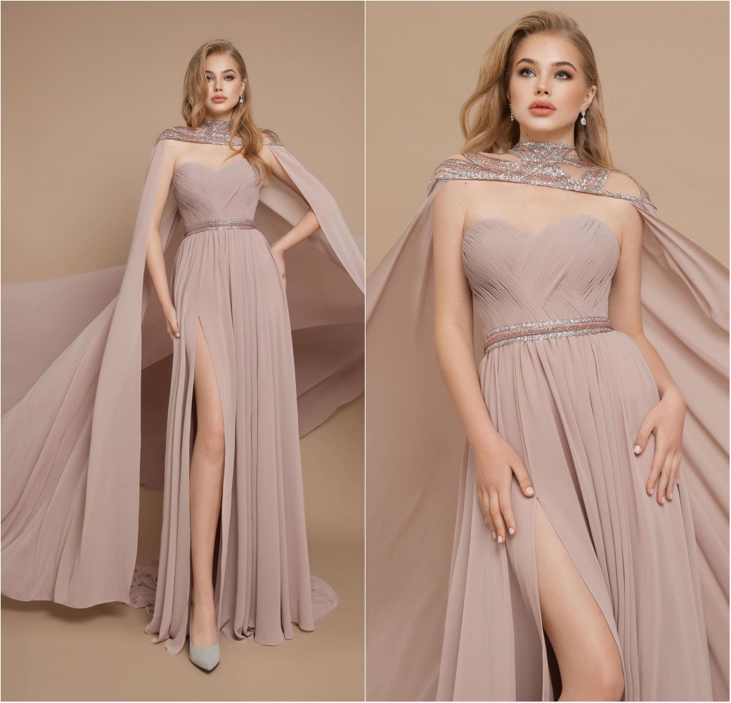High Side Split Chiffon Prom Dresses With Cape Sweetheart Beading Evening Gowns Sweep Train Formal Party Second Gowns