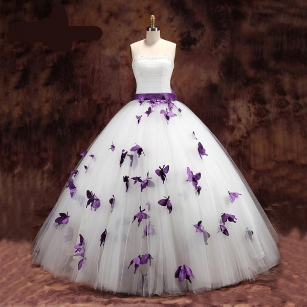Spring 2020 Beautiful Purple and White Wedding Dresses Strapless Beaded Neckline Lace-up Back Butterfly Shape Appliqued Bridal Gowns Latest