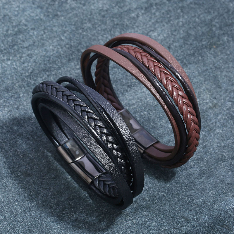 Simple Handmade Weave Multilayer Leather Stainless Steel Charm Bracelets Black Brown Rock Bangle Jewelry For Women Men