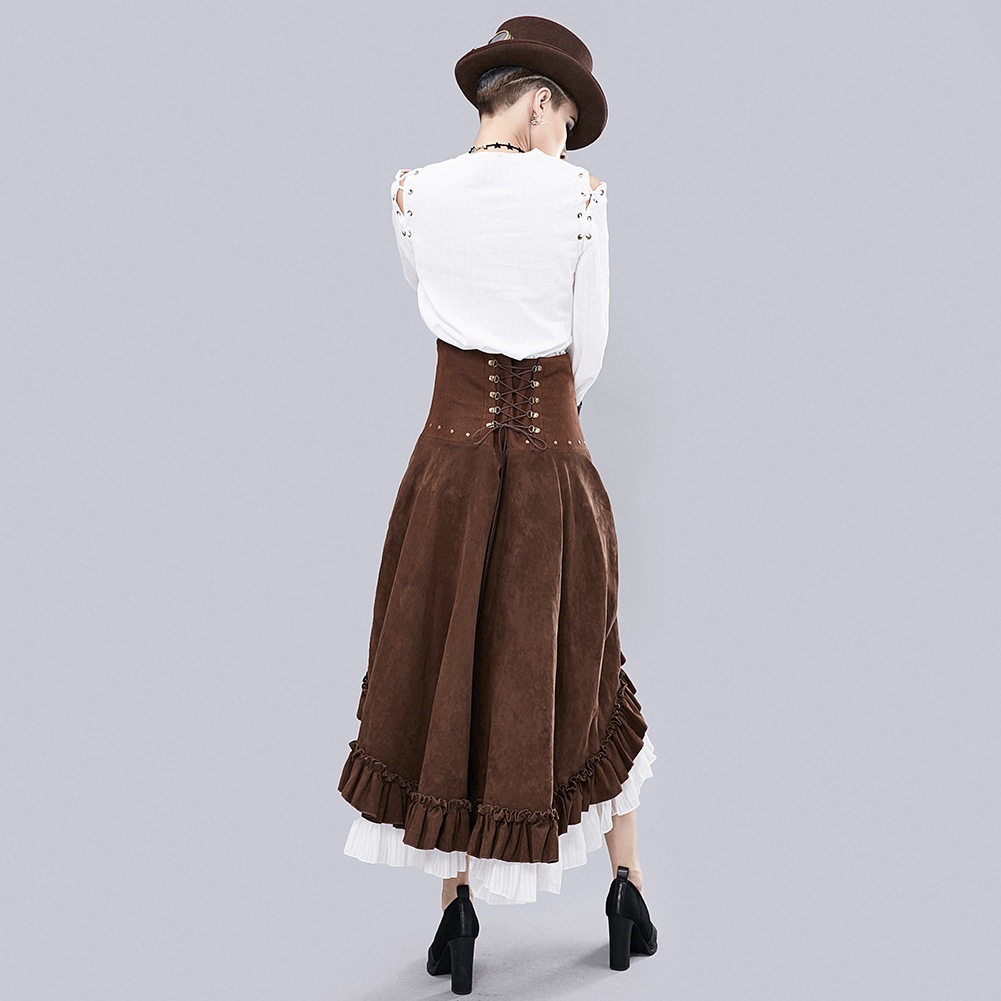 Women Victorian Brown & White Retro Victorian Gothic Vintage Steampunk Leather Adjustable Asymmetrical Ruffle Vintage Hi-lo Skirt Halloween