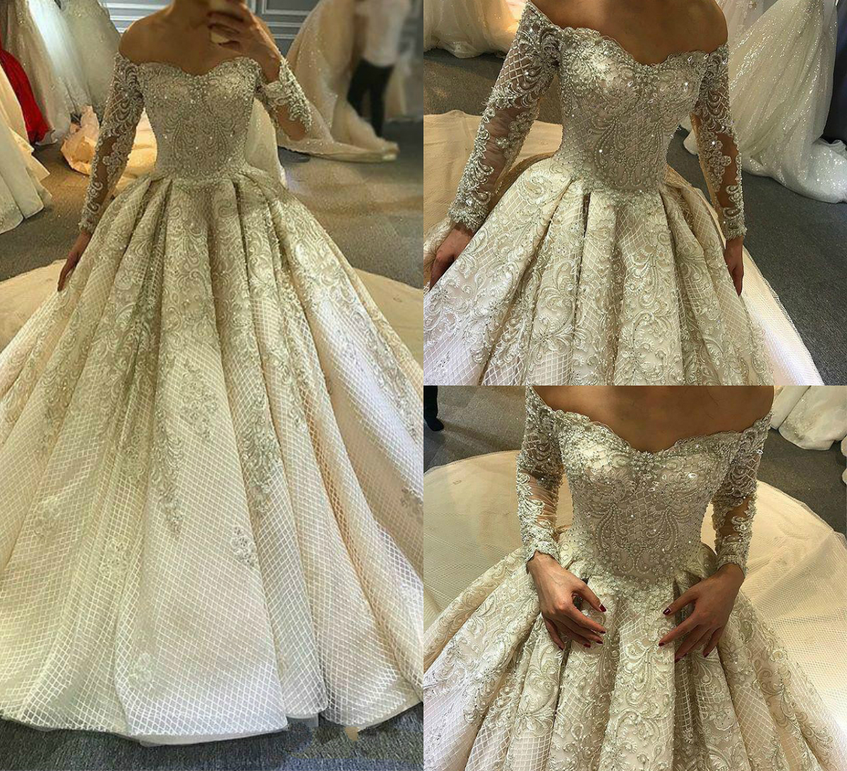 Luxury Off Shoulder Long Sleeves Wedding Dresses Appliques Crystal Beaded Plus Size Bridal Gown Custom Made West Country Wedding Dress