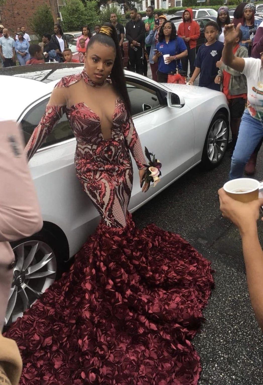 Burgundy Mermaid Prom Dresses Lace Sequins Plus Size Long Sleeves Black Girl Evening Dress High Neck Sweep Train Flowers Formal Party Gowns