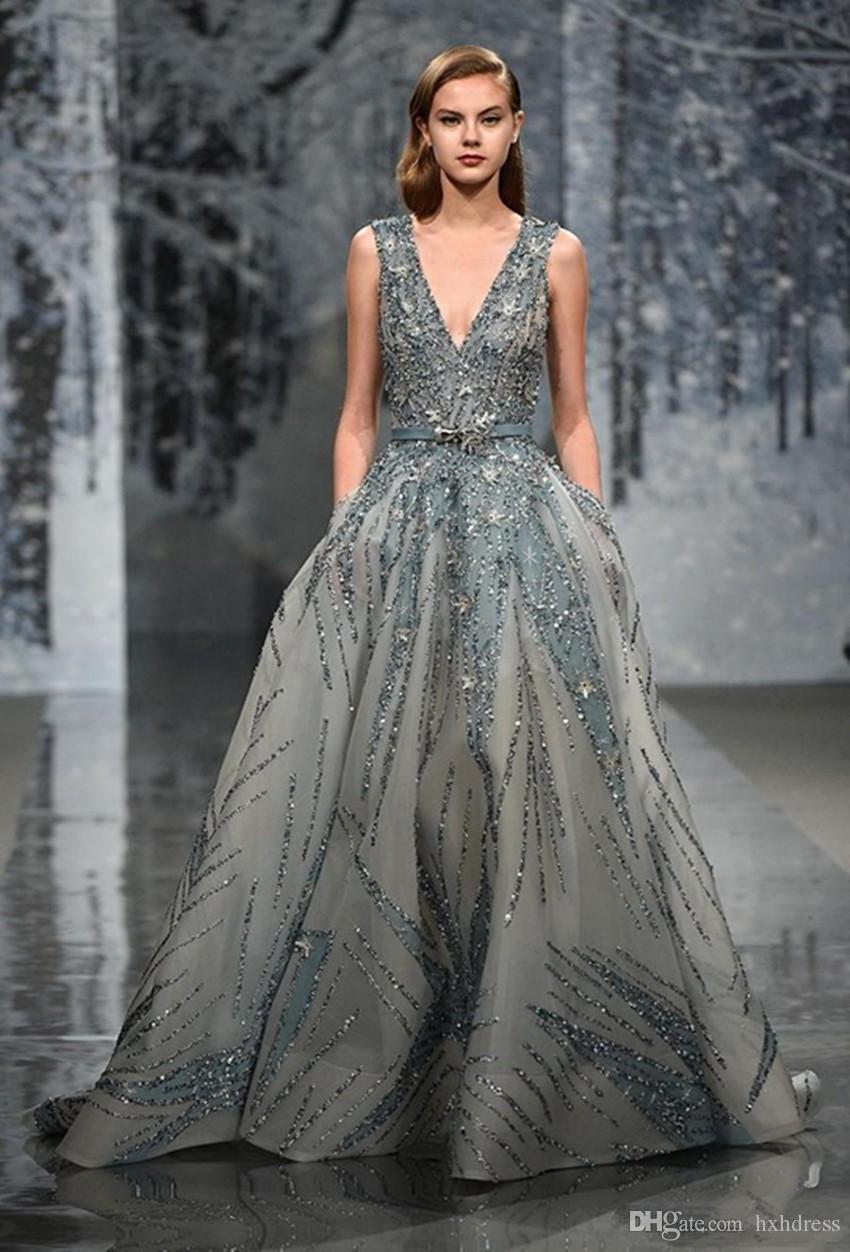 Ziad Nakad Evening Gown Deep V Neck Beads Sequins Bling Prom Dresses Floor Length Bling Formal Dress Evening Wear Party Dress Plus Size 4271