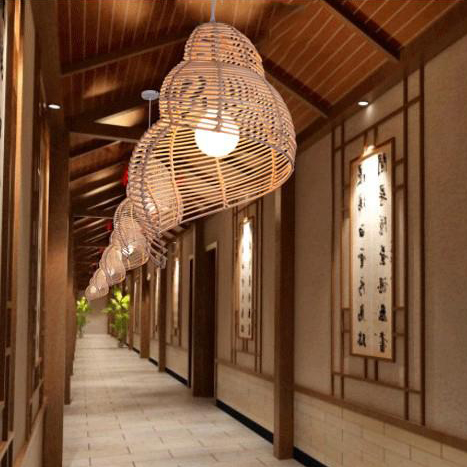 Southeast Asian Bamboo Pendant Lights Fixture Pastoral Rattan Escargot Pendant Lamps Hotel Restaurant Dining Room Cafes Pub Bar Hanging Lamp