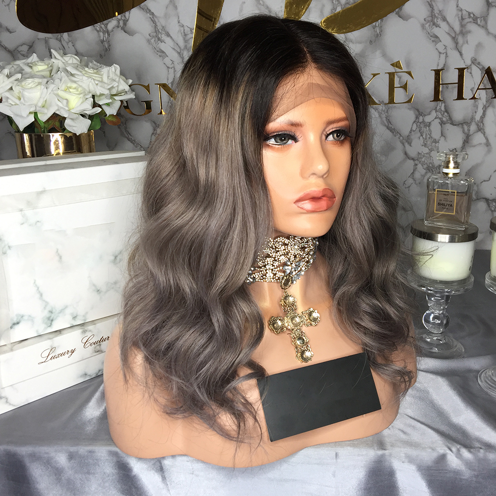 180density ombre grey Lace Front synthetic Wigs With Baby Hair Middle Ratio 13*4 body wave Lace Wig For Women Bleached Knots Pre-plucked