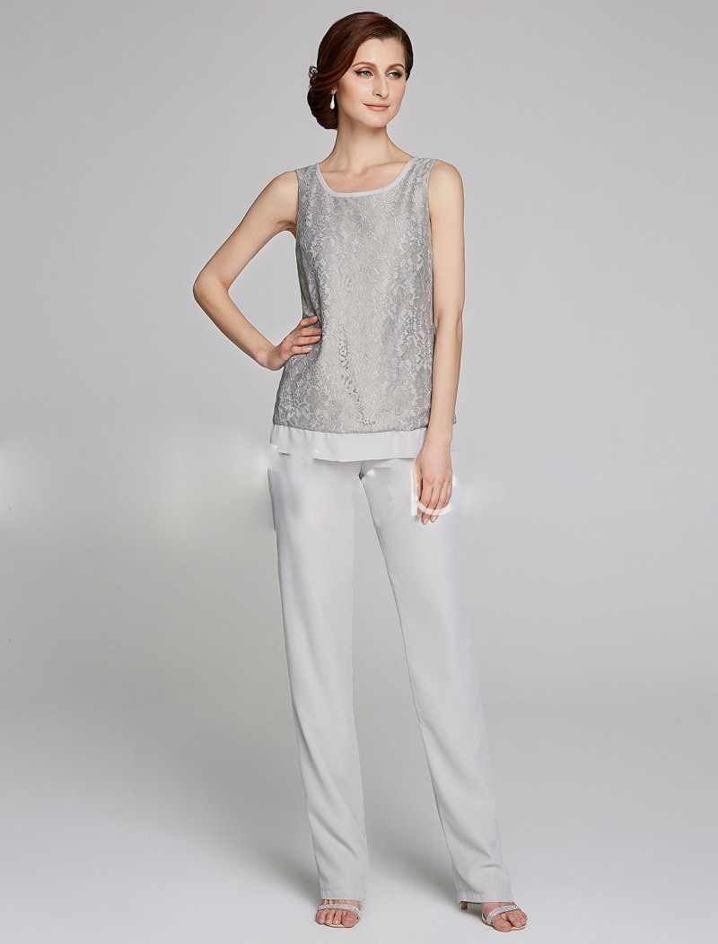 Plus Size Mother Of The Bride Pant Suit 3 Piece Chiffon for Beach Wedding Dress Mother's Dress Long Sleeves Chiffon Silver Evening Gowns