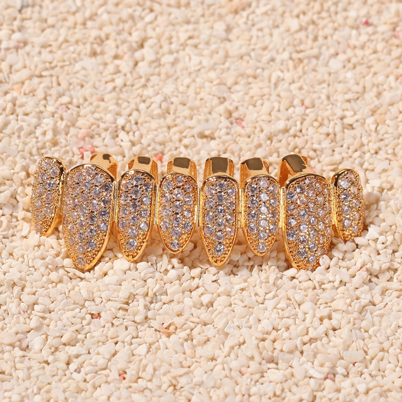 Iced Out 14K Gold Grills Crystal Teeth Top Bottom Dia Grillz Hip Hop Bling Cubic Zircon Rapper Body Jewelry