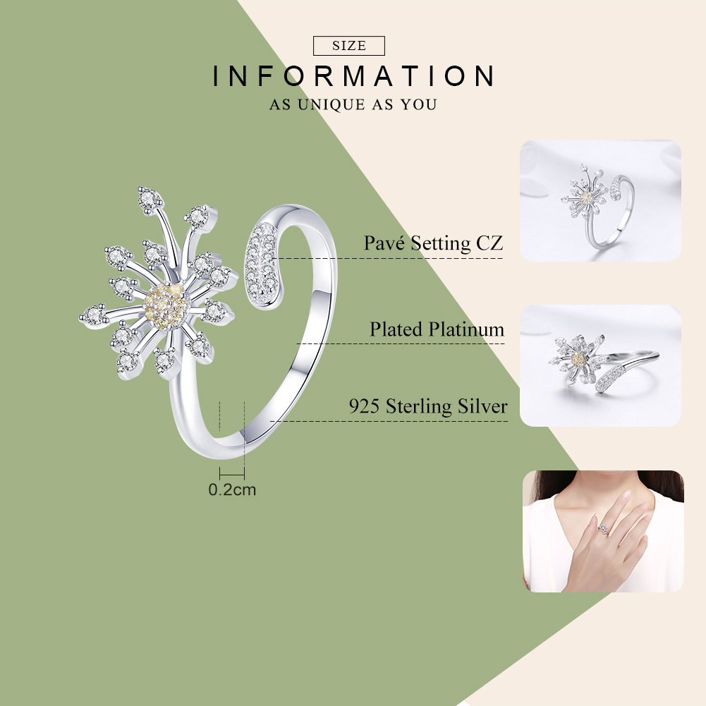 Wholesale-Silver Blooming Dandelion Love Crystal Adjustable Finger Rings for Women Wedding Engagement Jewelry Gift
