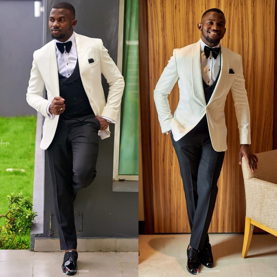 Ivory White Groom Wedding Tuxedos Shawl Lapel One Button Mens Prom Pants Suits With Double Breasted Vest Custom Made Groomsmen Blazer