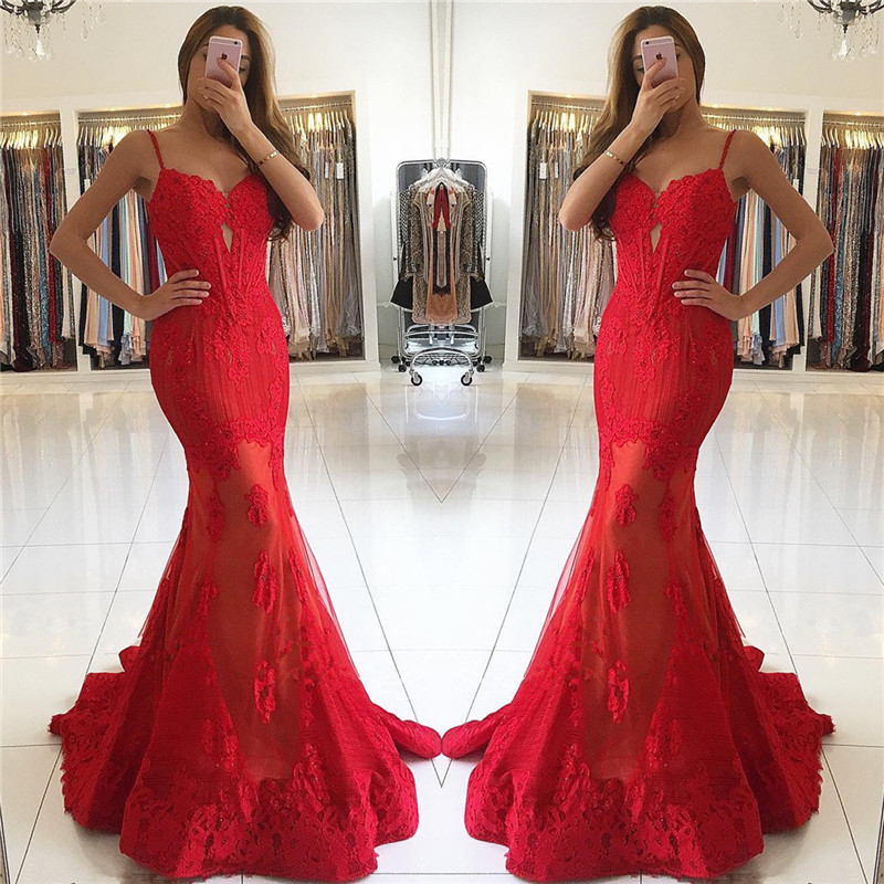 Red Lace Mermaid Prom Dresses 2020 Spaghetti Straps Tulle Applique Illusion SweepTrain Formal Party Evening Gown For Black Girls, White
Red Lace Mermaid Prom Dresses 2020 Spaghetti Straps Tulle Applique Illusion SweepTrain Formal Party Evening Gown For Black Girls, White