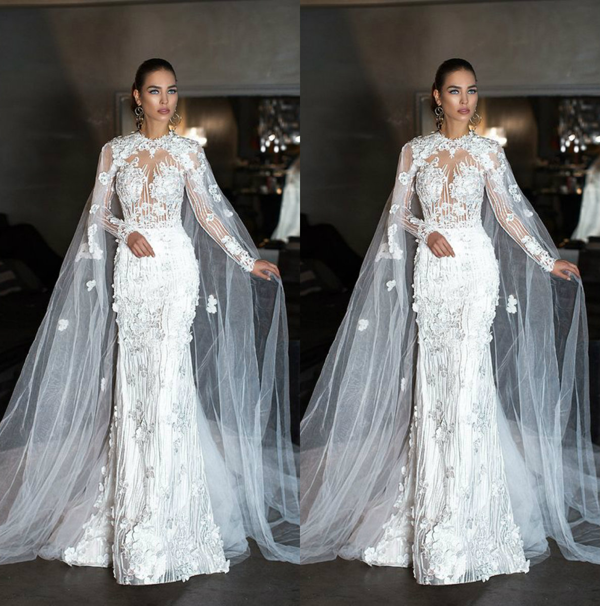 Elegant Mermaid Dresses With Cape Jewel Neck 3D Lace Bridal Gown, Long Sleeve Beach Wedding Dress Plus Size