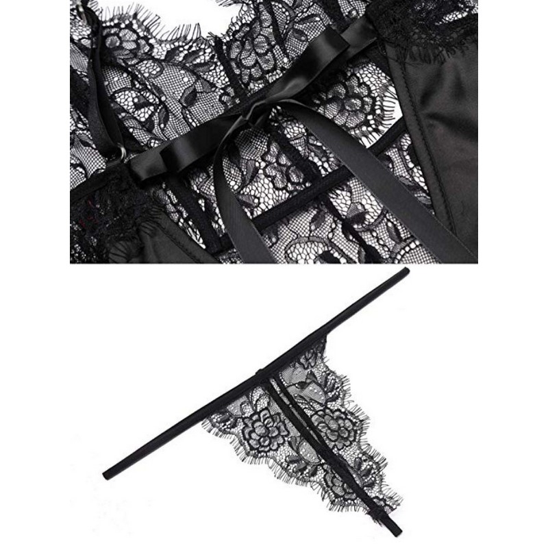 Cut-out Eyelash Lace Details Silky Sheer Satin Nightwear Babydoll Chemise with G-String Set Sleepwear Dress Women Sexy Lingerie Side Split