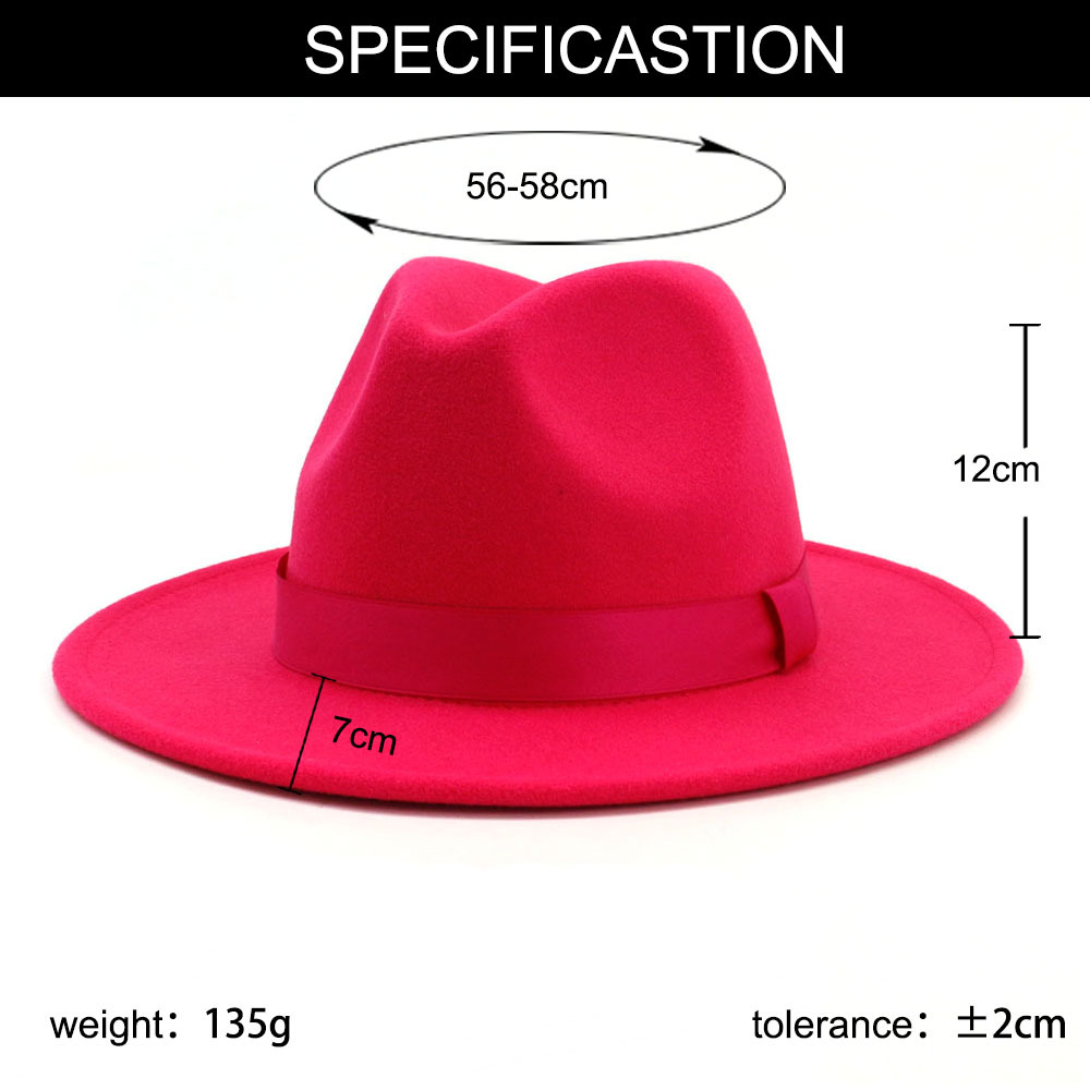 Fashion-Rosy Wool Felt Jazz Fedora Hat with Ribbon Wide Brim Panama Formal Hat Trilby Ladies Fascinator Dress Hats