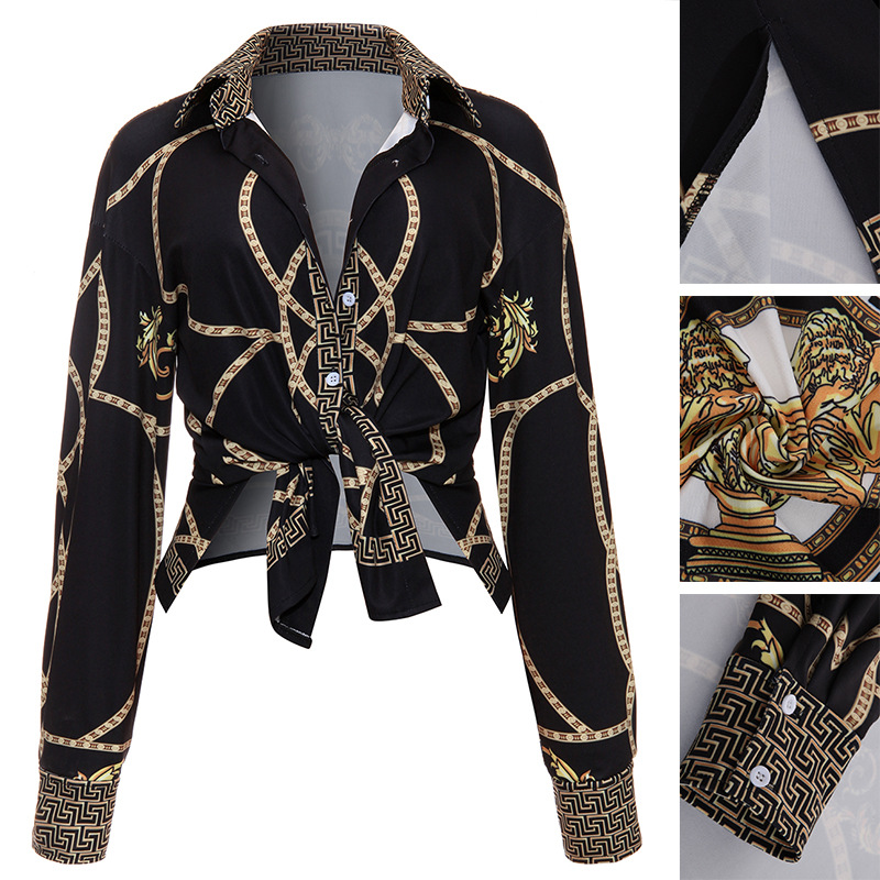 New Autumn Deep V Neck Full Long Sleeve Blouse Shirt Women Gold Chain Printed Tops Causal Female ClubWearTop Basic Shirt