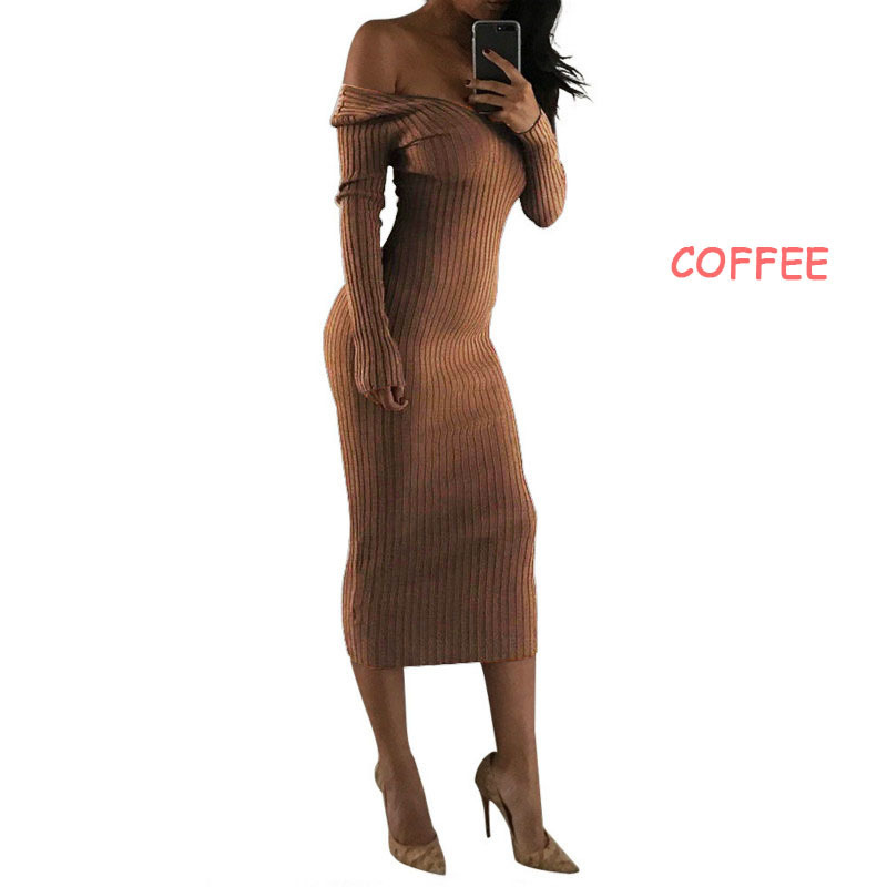 Women Dresses Winter Sexy Clubwear Off The Shoulder Skinny Slash Neck Long Sleeve Solid Bodycon Dress Office Lady Mid-Calf White Y19012102