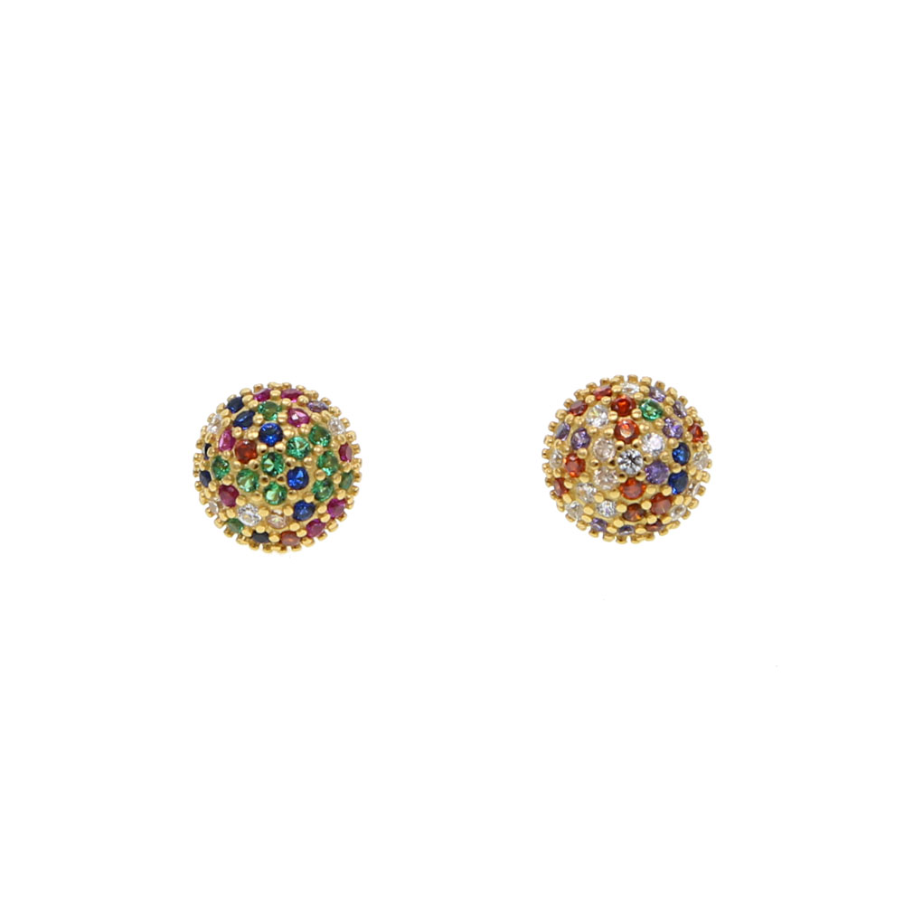 Half round ball stud earring micro pave rainbow colorful cubic zirconia Gold plated 925 sterling silver studs for girl