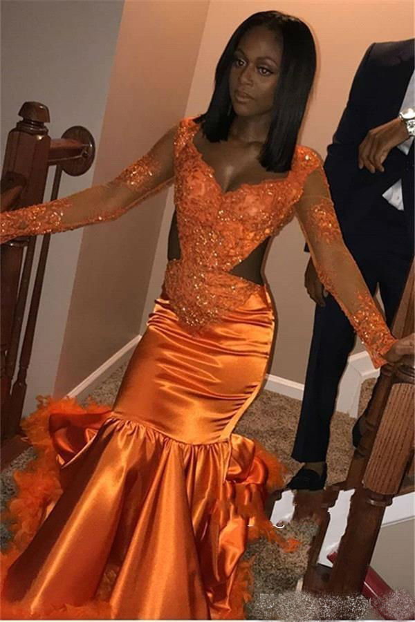 2019 Orange Mermaid Prom Dresses African V Neck Sheer Long Sleeve Lace Applique Sequined Evening Dress Cutaway Sides robes de soirée